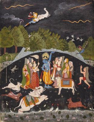 Krishna Lifting Mount Govardhan! A Masterpiece of Mughal Miniature Art, Brimming with Divine Power and Delicate Brushstrokes